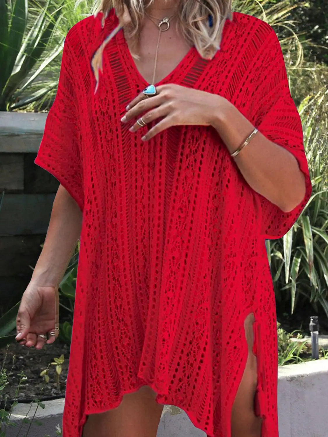 Cutout V-Neck Cover-Up with Tassel Trendsi
