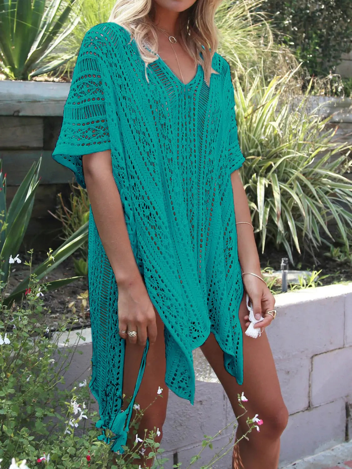 Cutout V-Neck Cover-Up with Tassel Trendsi