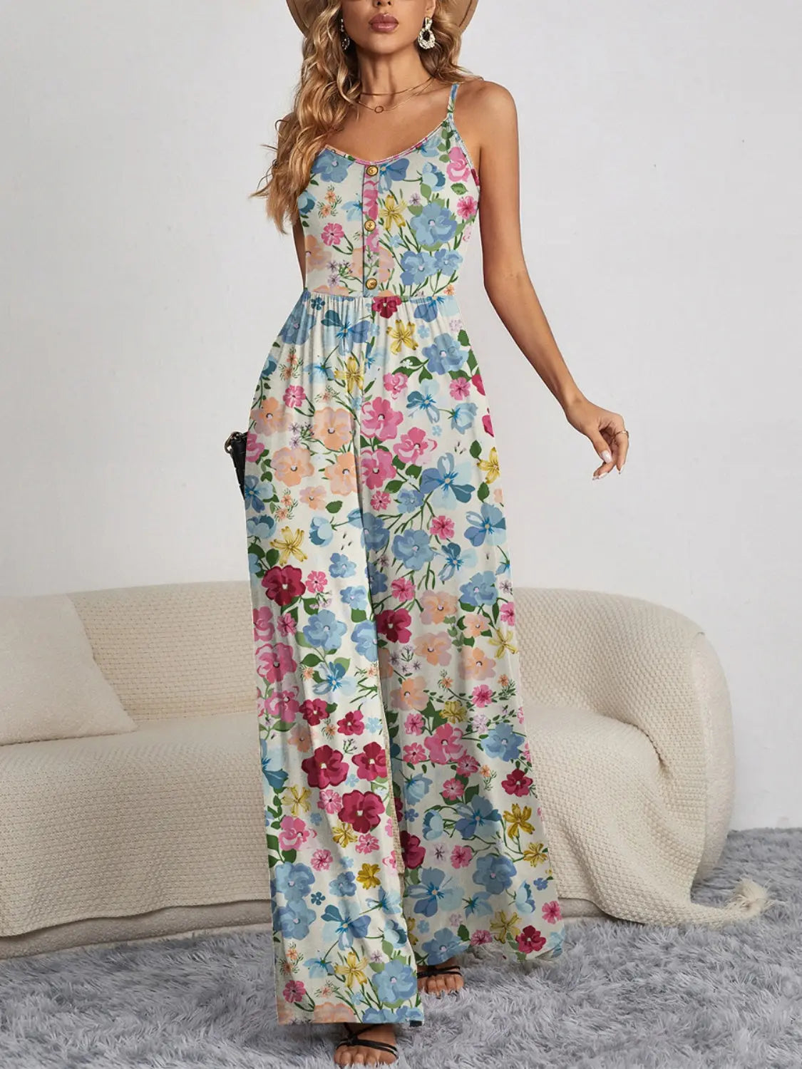Decorative Button Spaghetti Strap Wide Leg Jumpsuit Trendsi