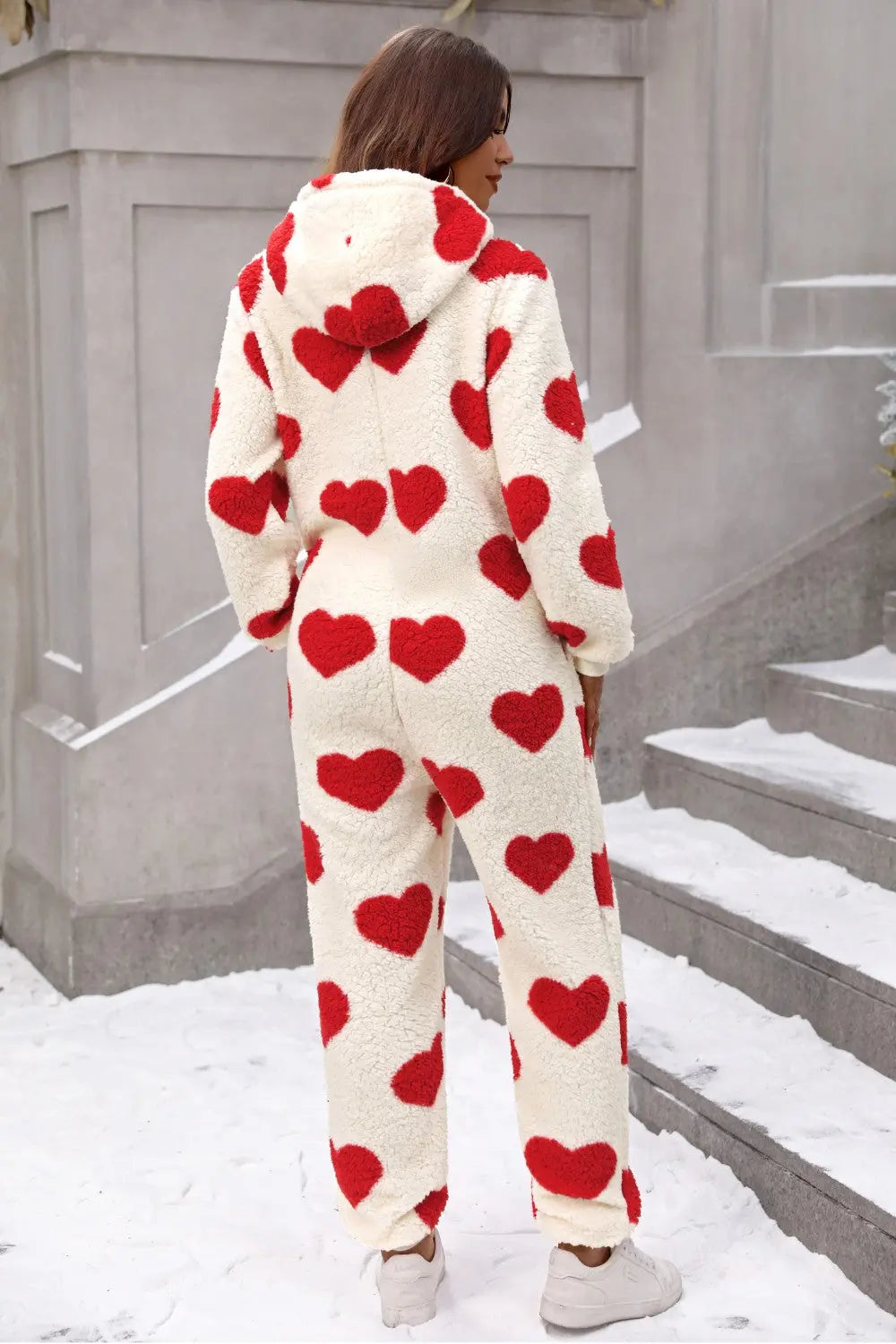 Fuzzy Heart Zip Up Hooded Lounge Jumpsuit Trendsi