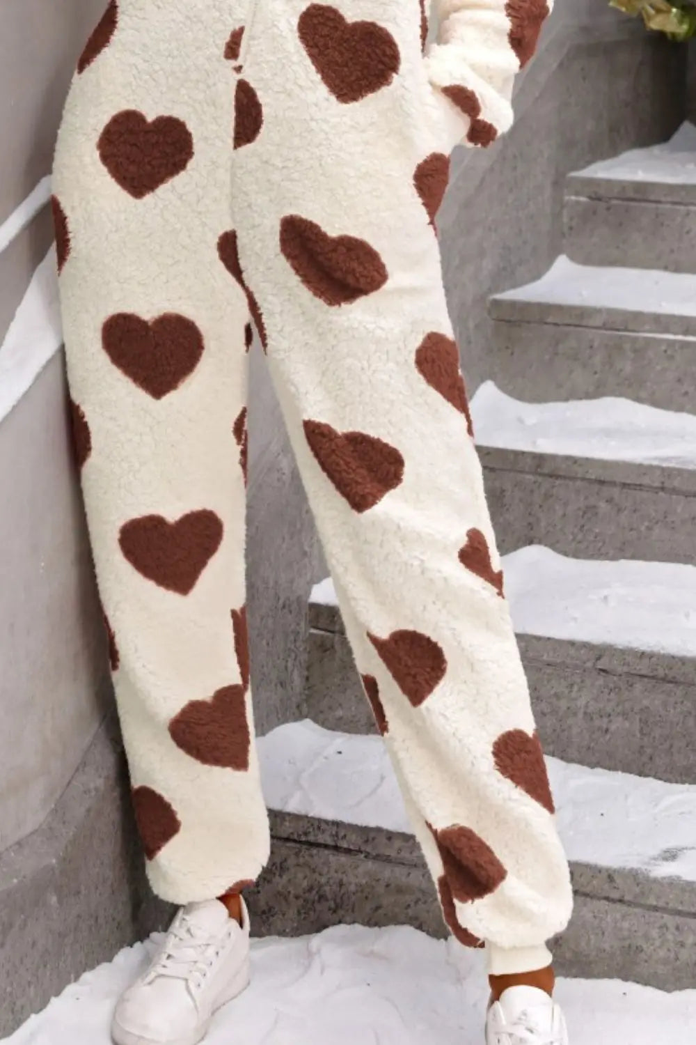 Fuzzy Heart Zip Up Hooded Lounge Jumpsuit Trendsi