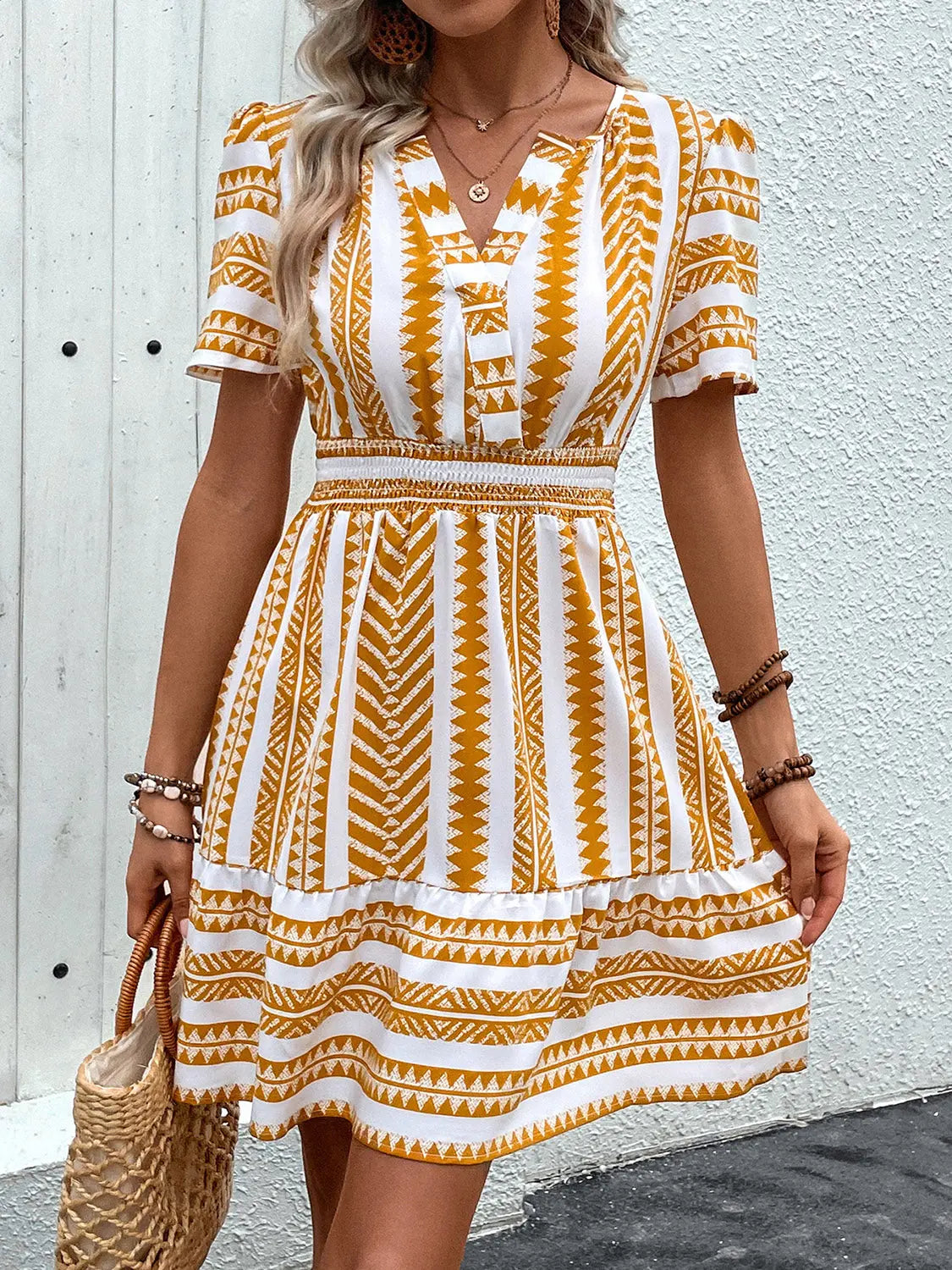 Geometric Notched Short Sleeve Mini Dress - Shuna Clothing LLC