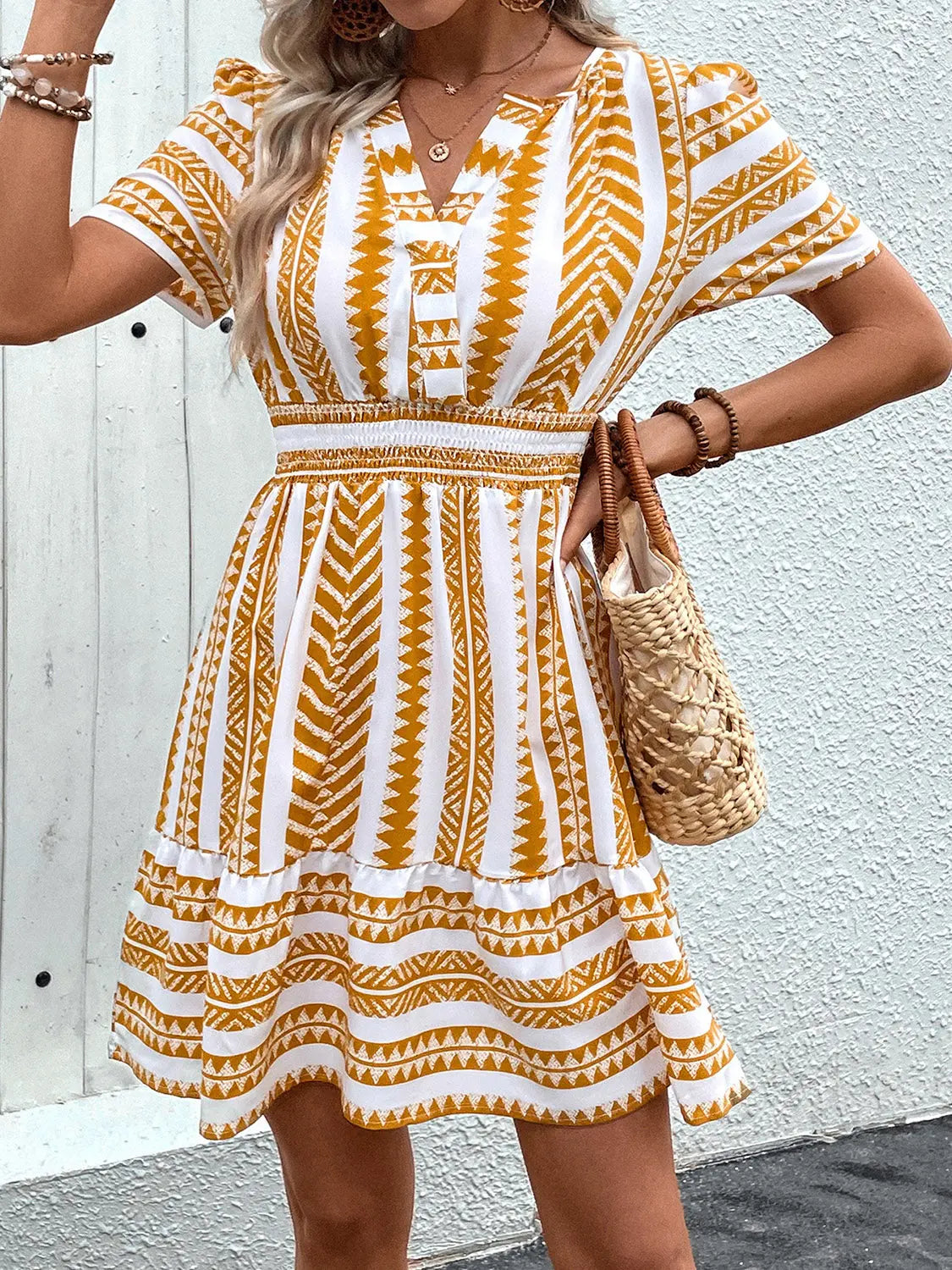 Geometric Notched Short Sleeve Mini Dress - Shuna Clothing LLC
