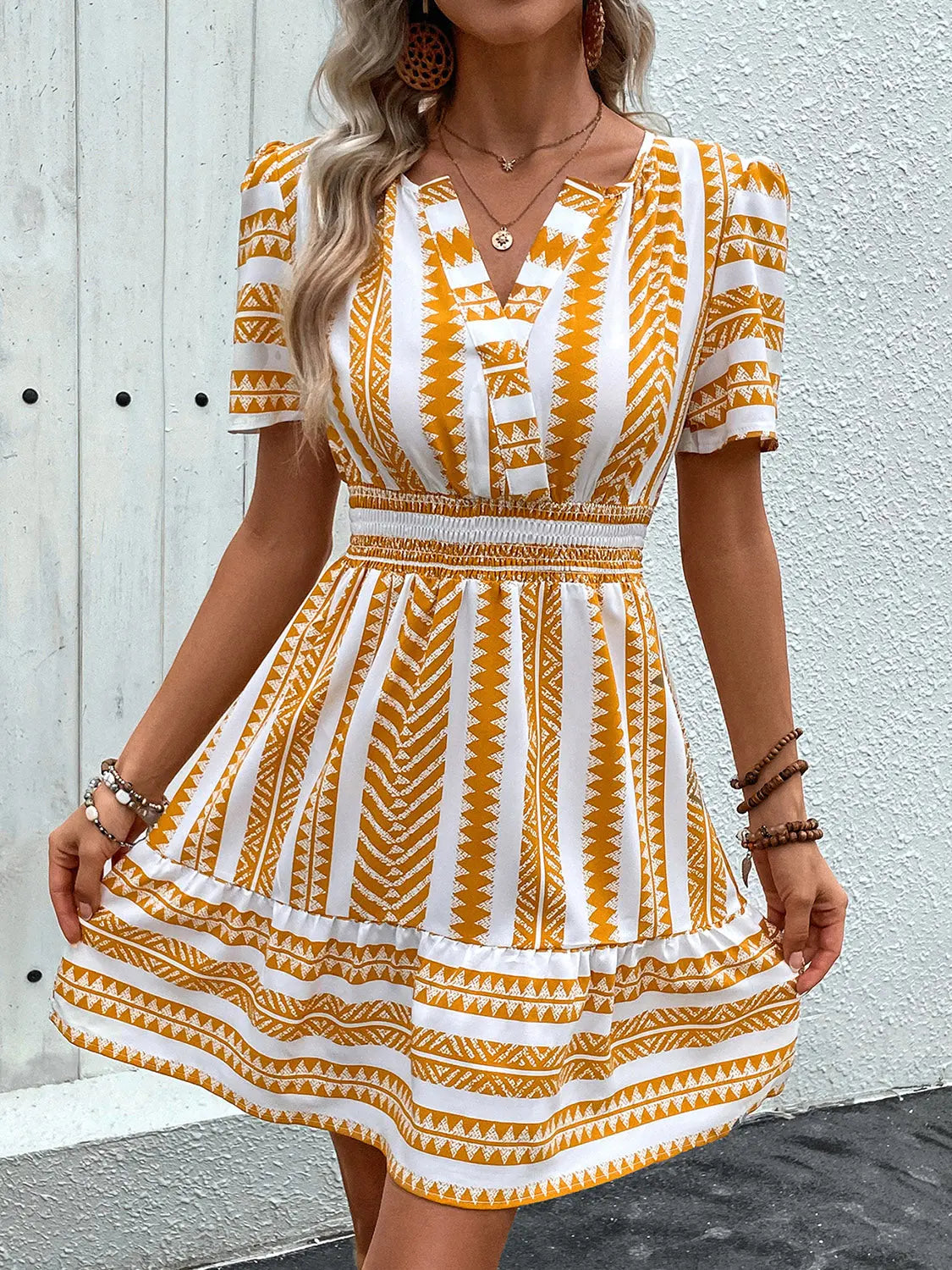 Geometric Notched Short Sleeve Mini Dress - Shuna Clothing LLC