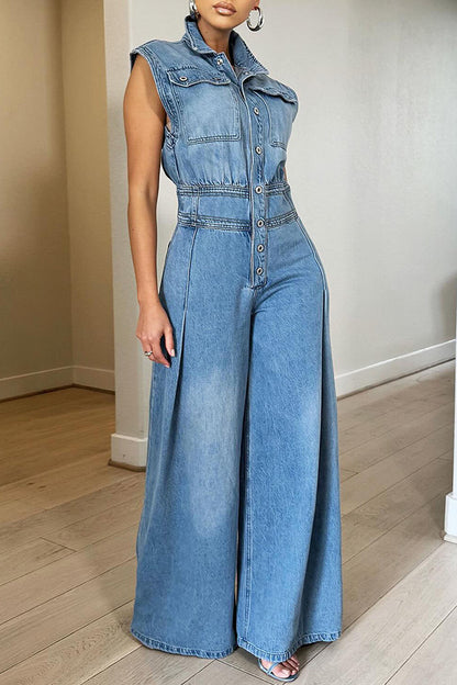 Leisure Washed-out Sleeveless Denim One-piece Wide-leg Pants Women