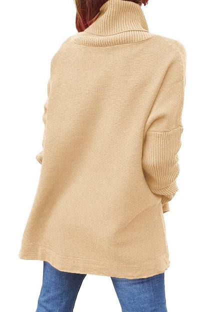 Turtleneck Sweater Mid Length Batwing Sleeve Slit Hem Tunic Pullover Sweaters Winter Tops Women Clothing