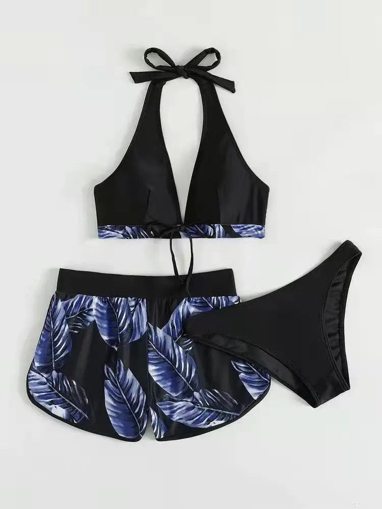 3pcs Leaf Print Bikini With Shorts Fashion Summer Beach Swimsuit Womens Clothing shuna&