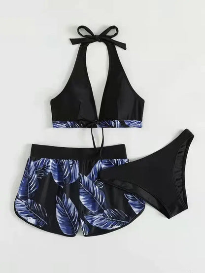 3pcs Leaf Print Bikini With Shorts Fashion Summer Beach Swimsuit Womens Clothing shuna&