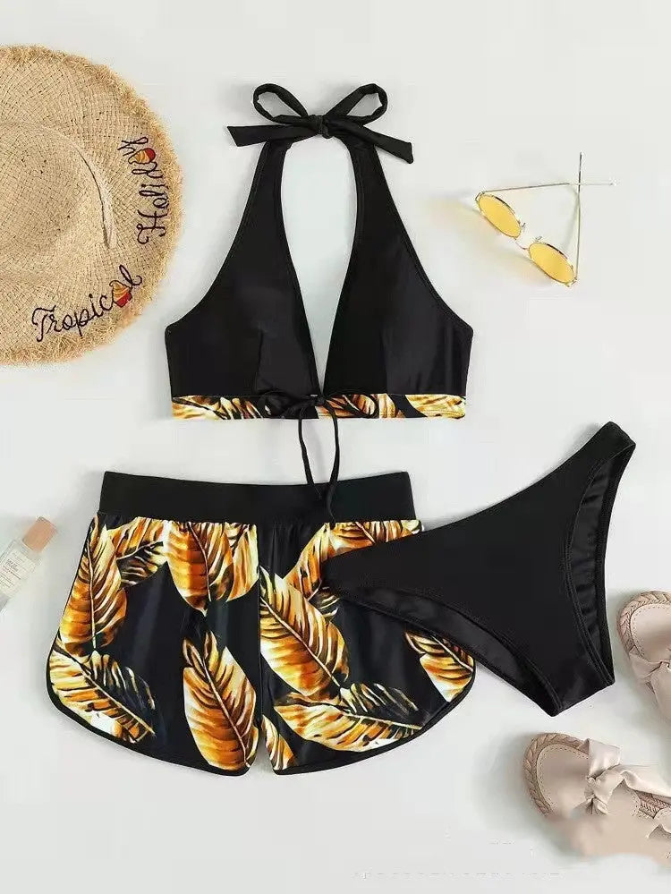 3pcs Leaf Print Bikini With Shorts Fashion Summer Beach Swimsuit Womens Clothing shuna&