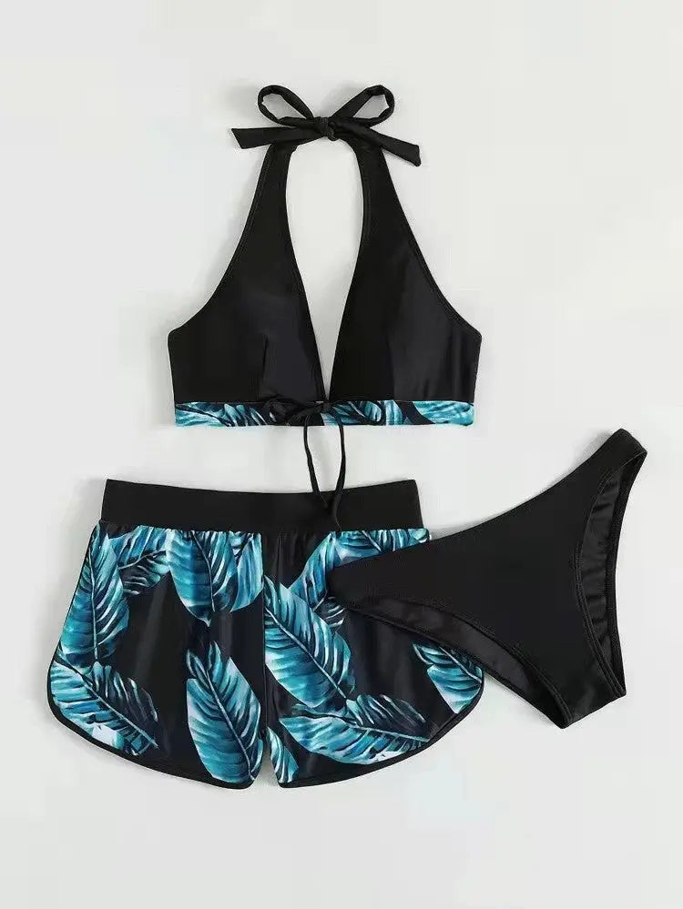 3pcs Leaf Print Bikini With Shorts Fashion Summer Beach Swimsuit Womens Clothing shuna&