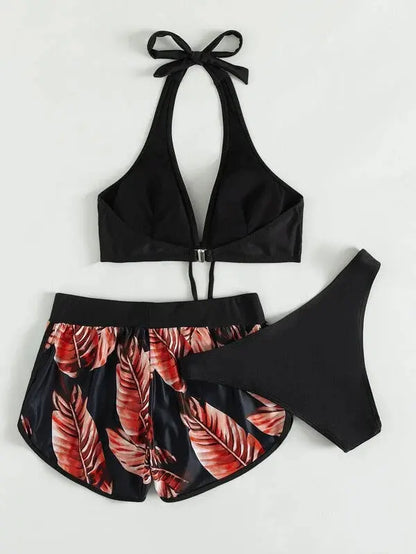 3pcs Leaf Print Bikini With Shorts Fashion Summer Beach Swimsuit Womens Clothing shuna&