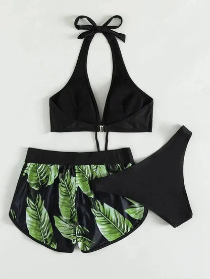 3pcs Leaf Print Bikini With Shorts Fashion Summer Beach Swimsuit Womens Clothing shuna&