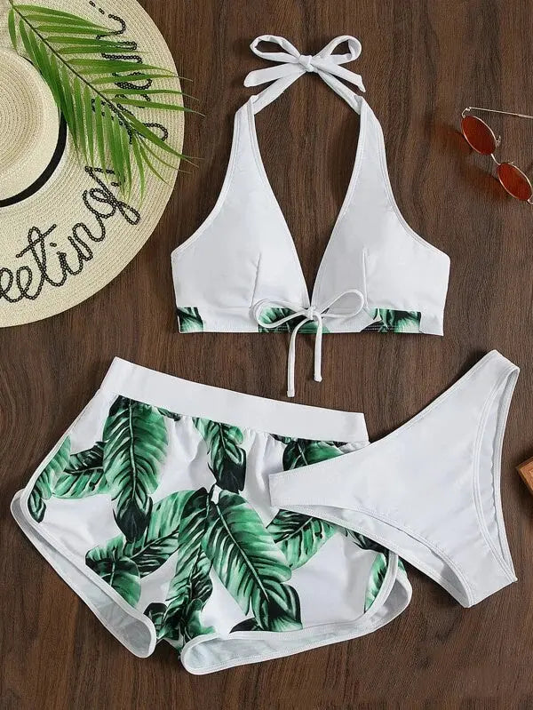 3pcs Leaf Print Bikini With Shorts Fashion Summer Beach Swimsuit Womens Clothing shuna&