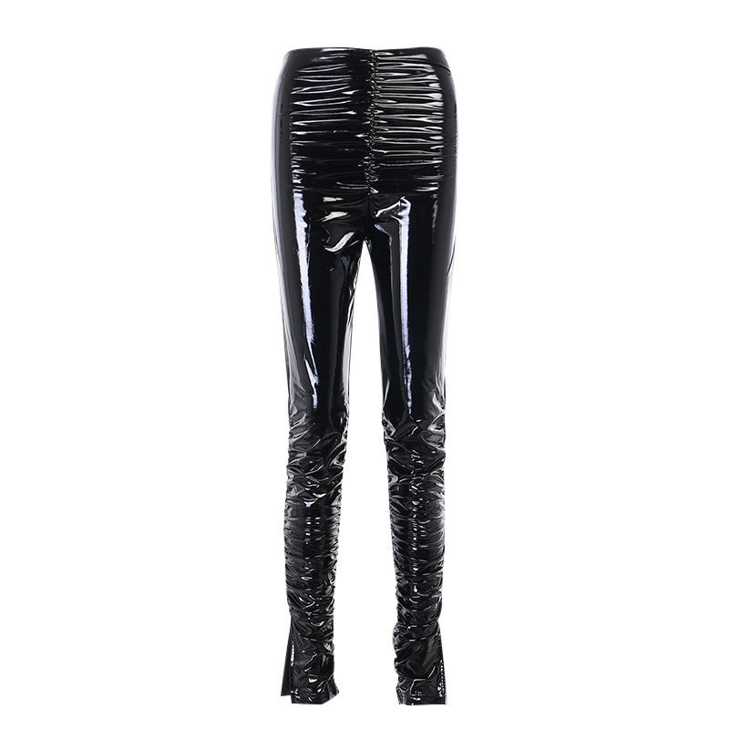 Elastic Pants Women's Thin Personality Pleated PU Leather Pants