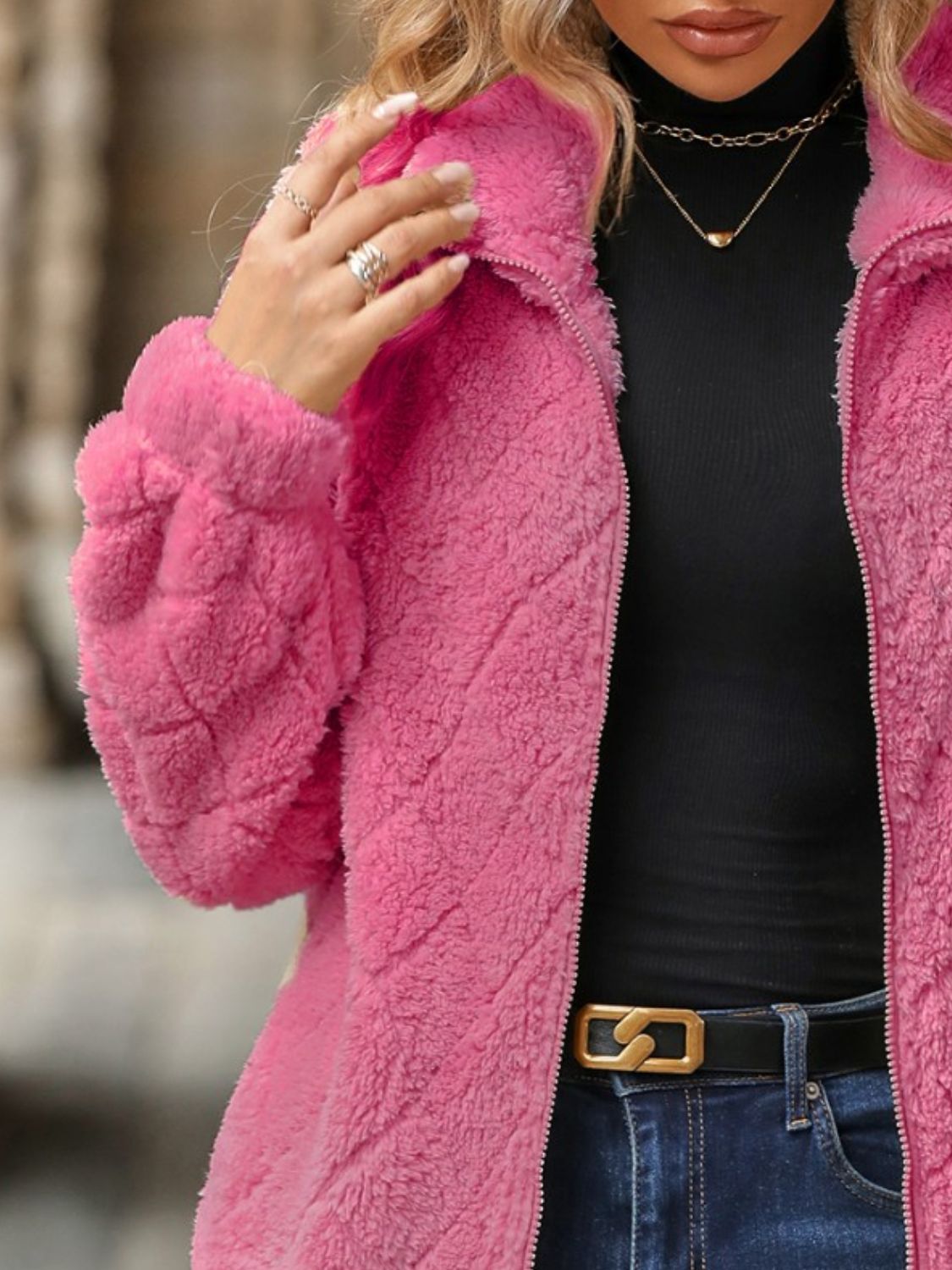 Fuzzy Pocketed Zip Up Jacket