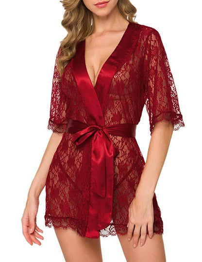 Lingerie Women Lace Hollow-out Robe Suits Pajamas