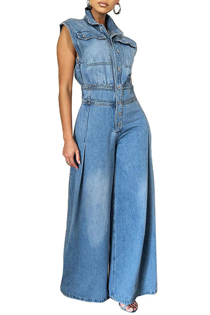 Leisure Washed-out Sleeveless Denim One-piece Wide-leg Pants Women