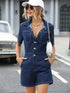 Collared Neck Short Sleeve Denim Romper with Pockets Trendsi