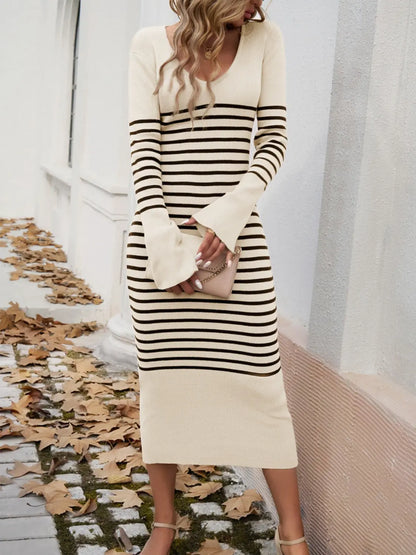 Devine Striped V-Neck Long Sleeve Sweater Dress Trendsi