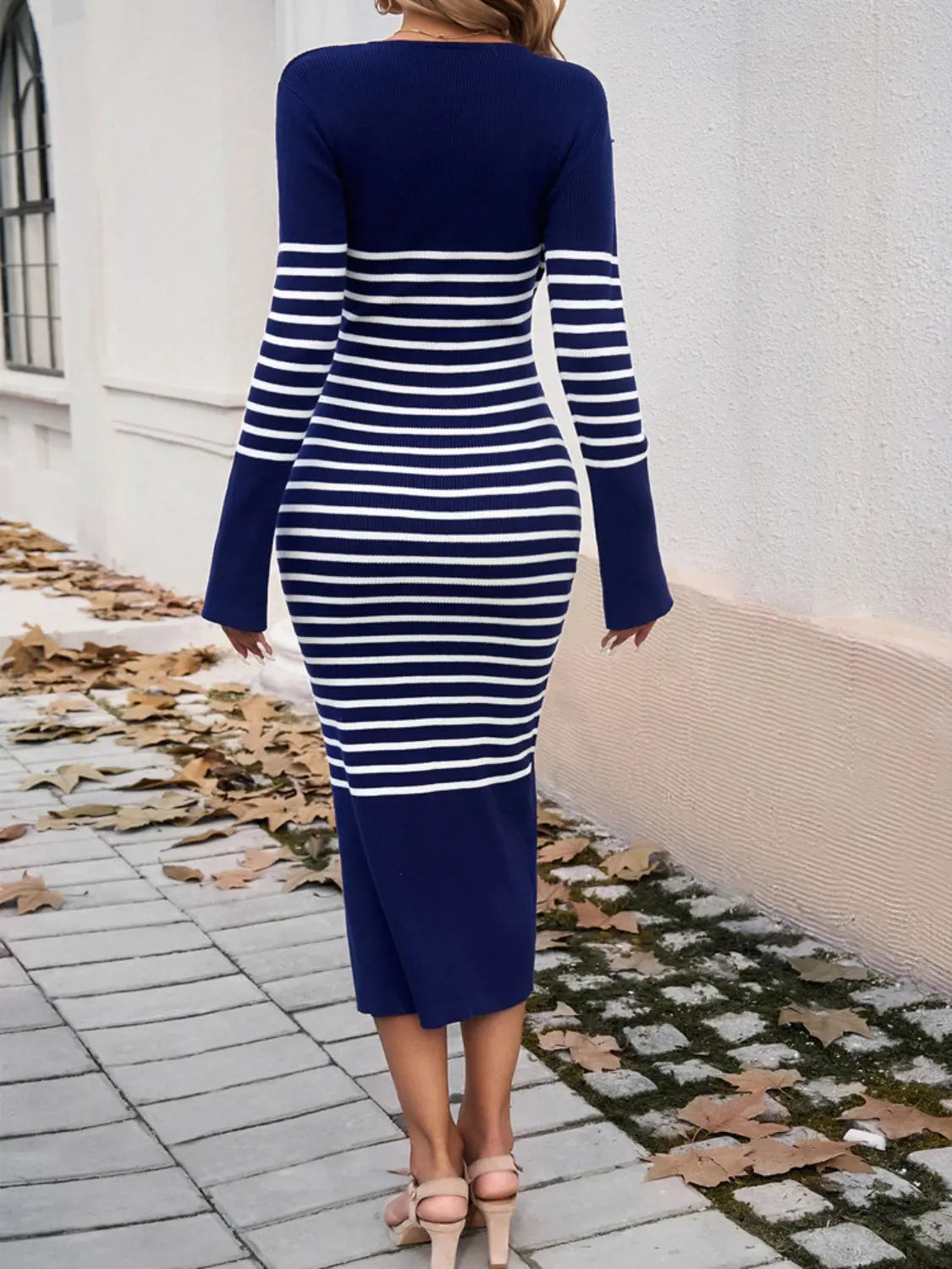 Devine Striped V-Neck Long Sleeve Sweater Dress Trendsi