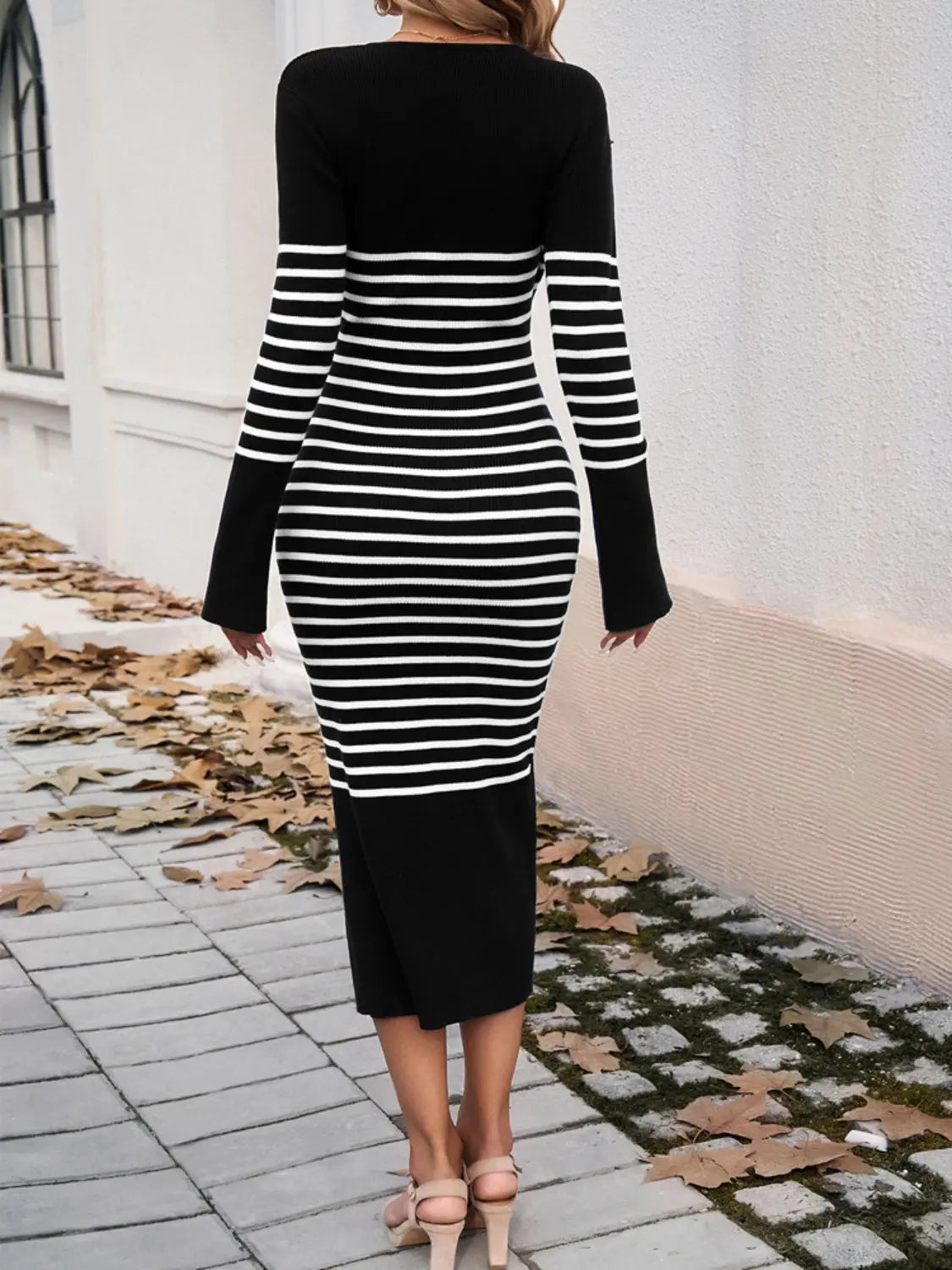 Devine Striped V-Neck Long Sleeve Sweater Dress Trendsi