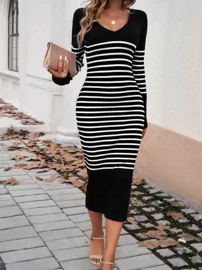 Devine Striped V-Neck Long Sleeve Sweater Dress Trendsi