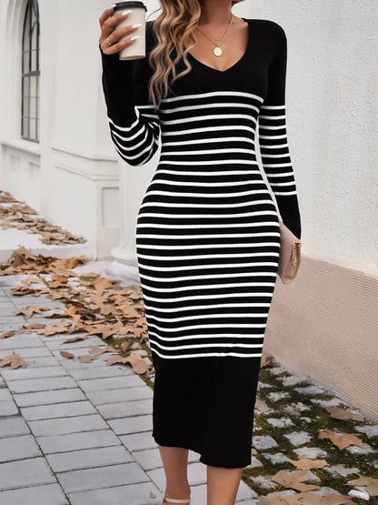 Devine Striped V-Neck Long Sleeve Sweater Dress Trendsi