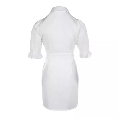 Elegant Pure Color Slimming Tight Waist Petal Sleeve Shirt A- Line Skirt shuna&