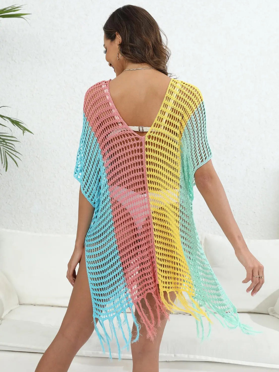 Fringe Color Block Scoop Neck Cover Up Trendsi