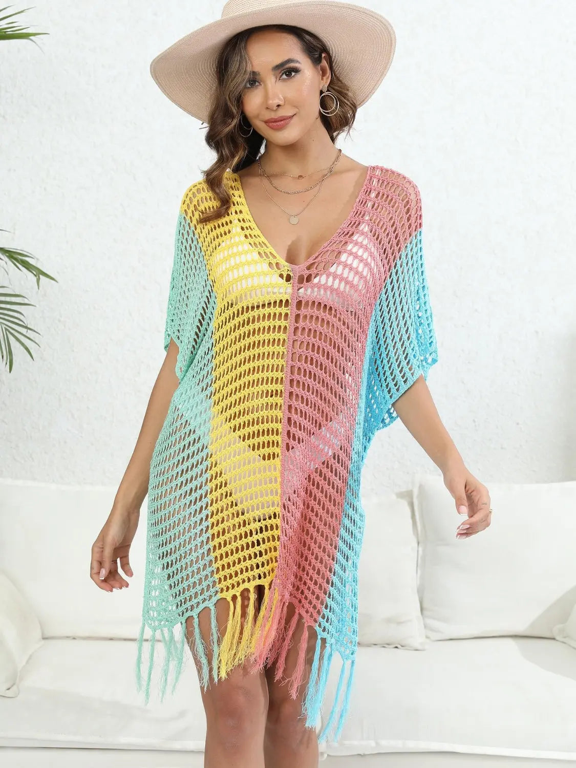 Fringe Color Block Scoop Neck Cover Up Trendsi