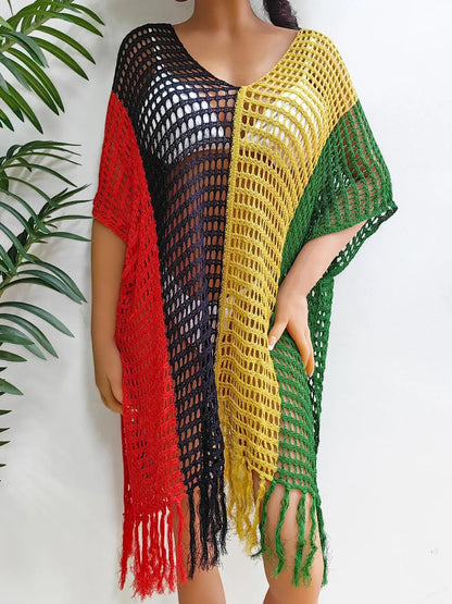 Fringe Color Block Scoop Neck Cover Up Trendsi