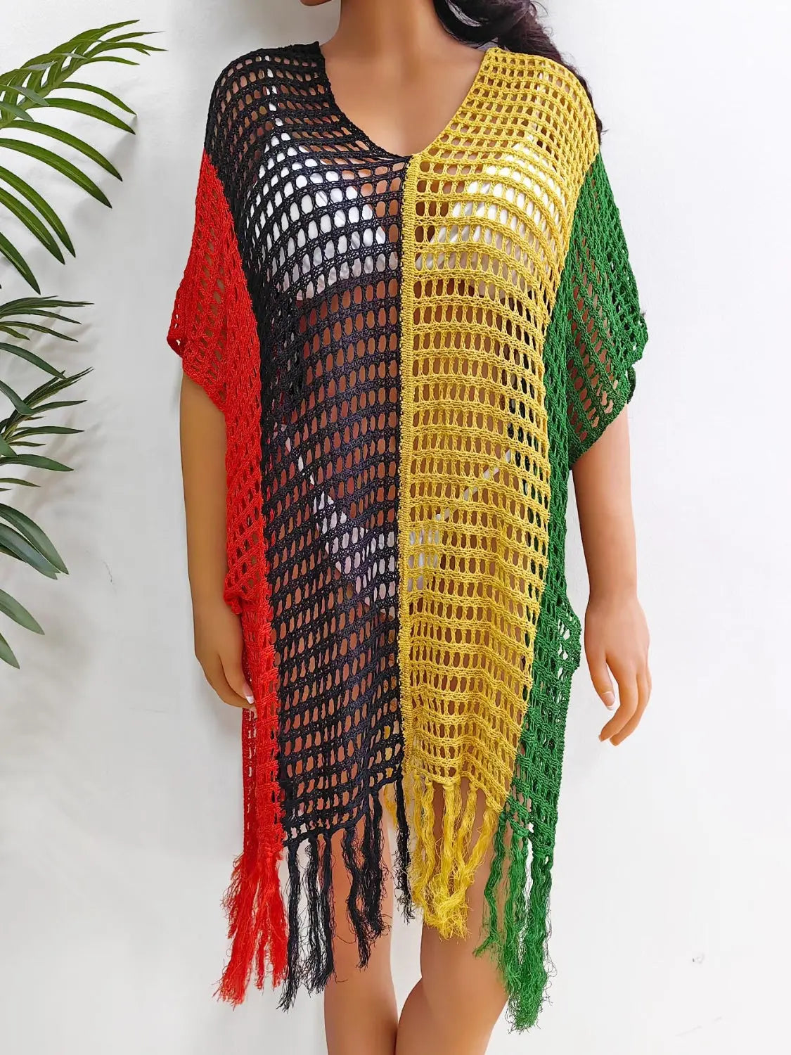 Fringe Color Block Scoop Neck Cover Up Trendsi