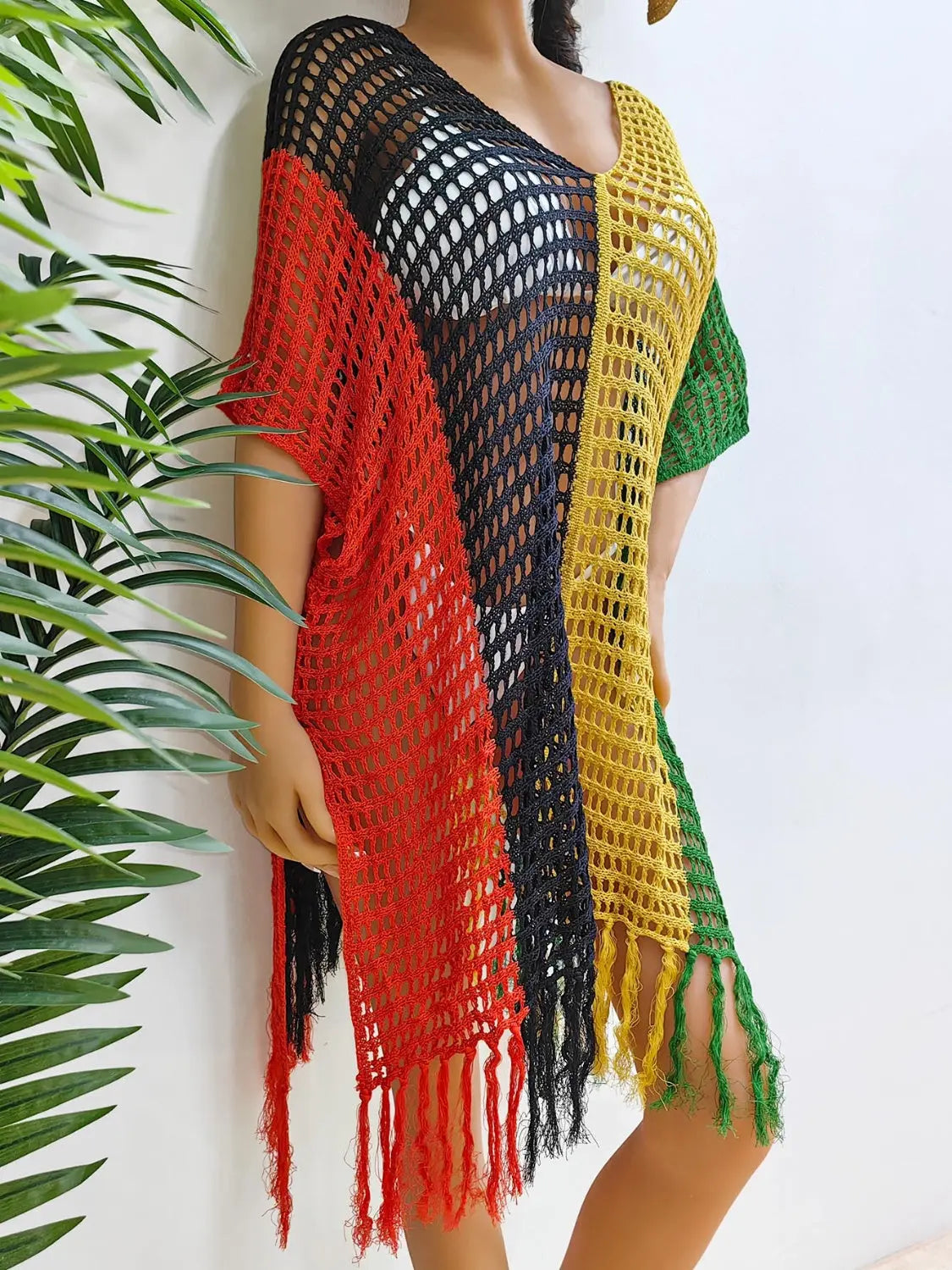 Fringe Color Block Scoop Neck Cover Up Trendsi