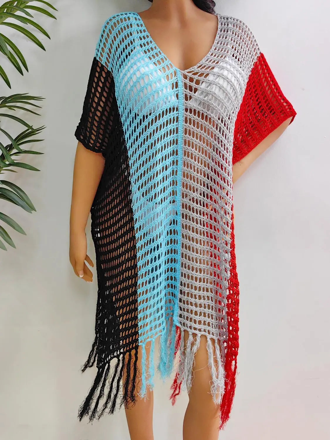 Fringe Color Block Scoop Neck Cover Up Trendsi