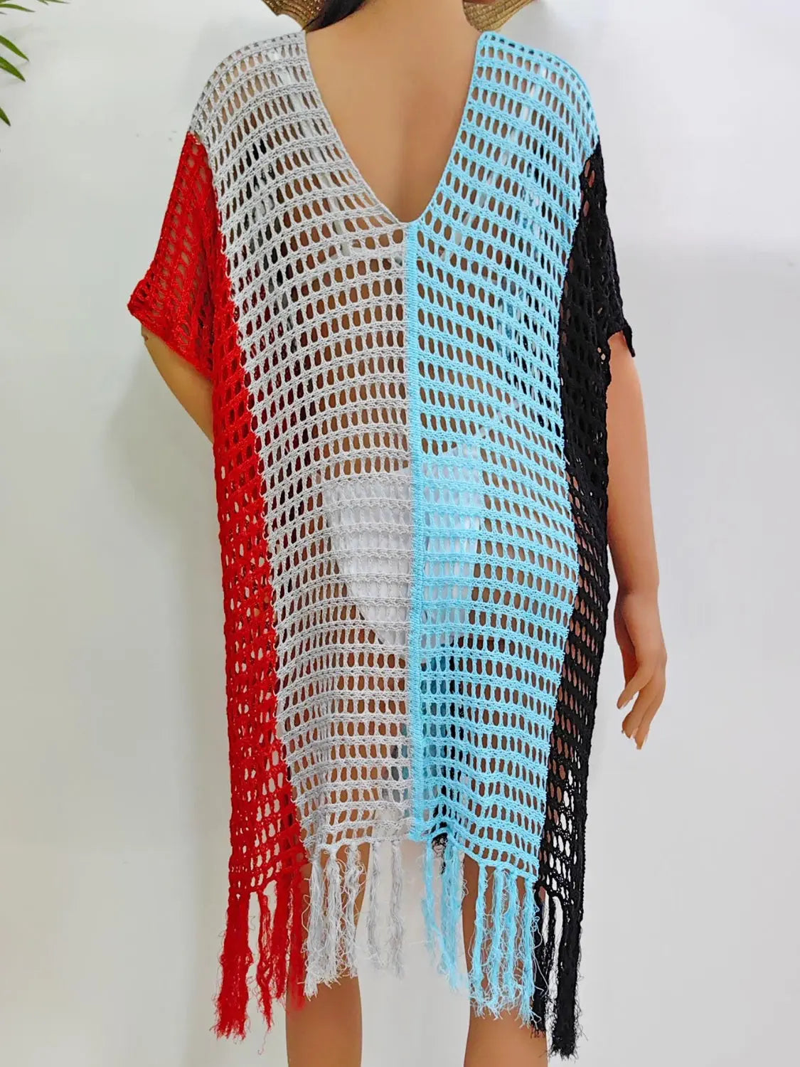 Fringe Color Block Scoop Neck Cover Up Trendsi