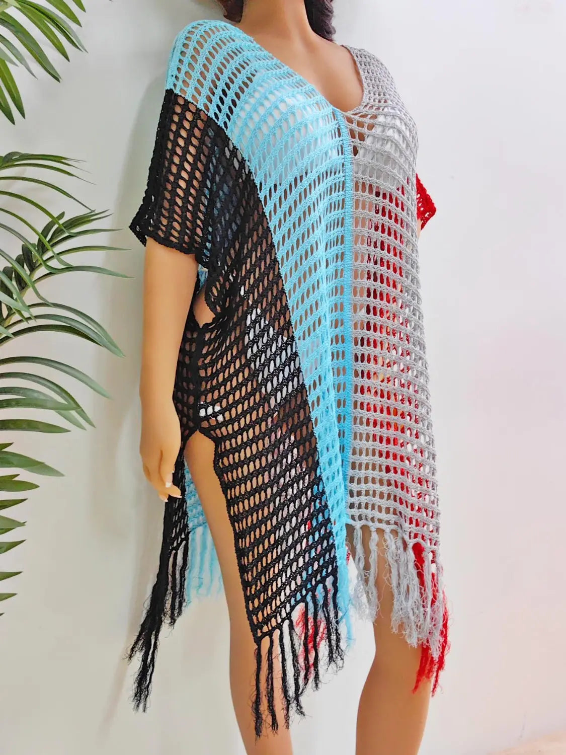 Fringe Color Block Scoop Neck Cover Up Trendsi