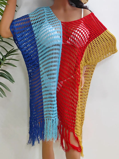 Fringe Color Block Scoop Neck Cover Up Trendsi