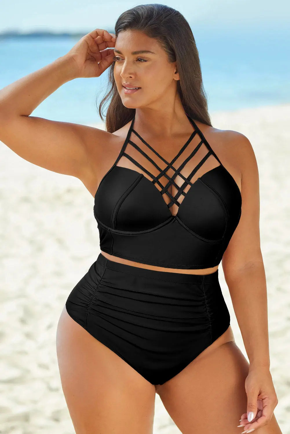 Full Size Halter Neck Crisscross Ruched Two-Piece Swimsuit Trendsi