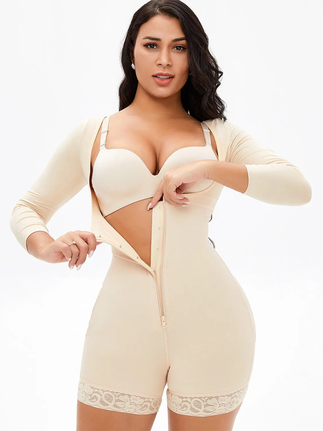 Full Size Zip Up Lace Detail Long Sleeve Shapewear Trendsi