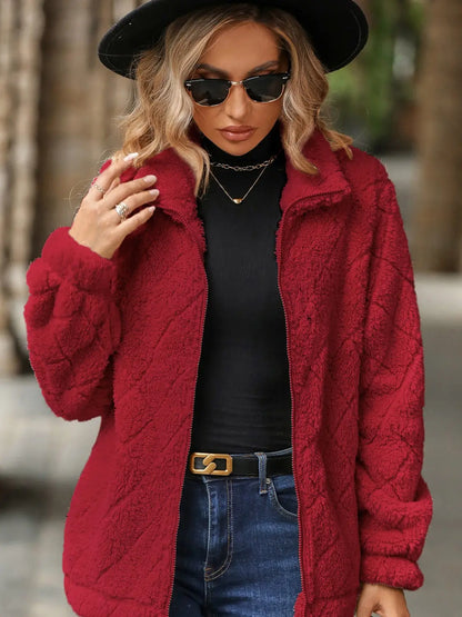 Fuzzy Pocketed Zip Up Jacket Trendsi