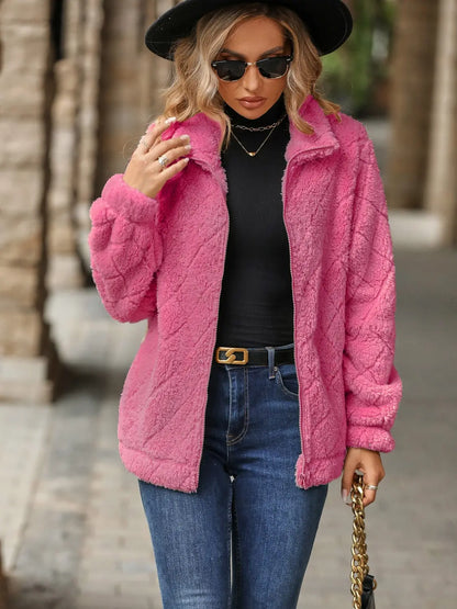 Fuzzy Pocketed Zip Up Jacket Trendsi