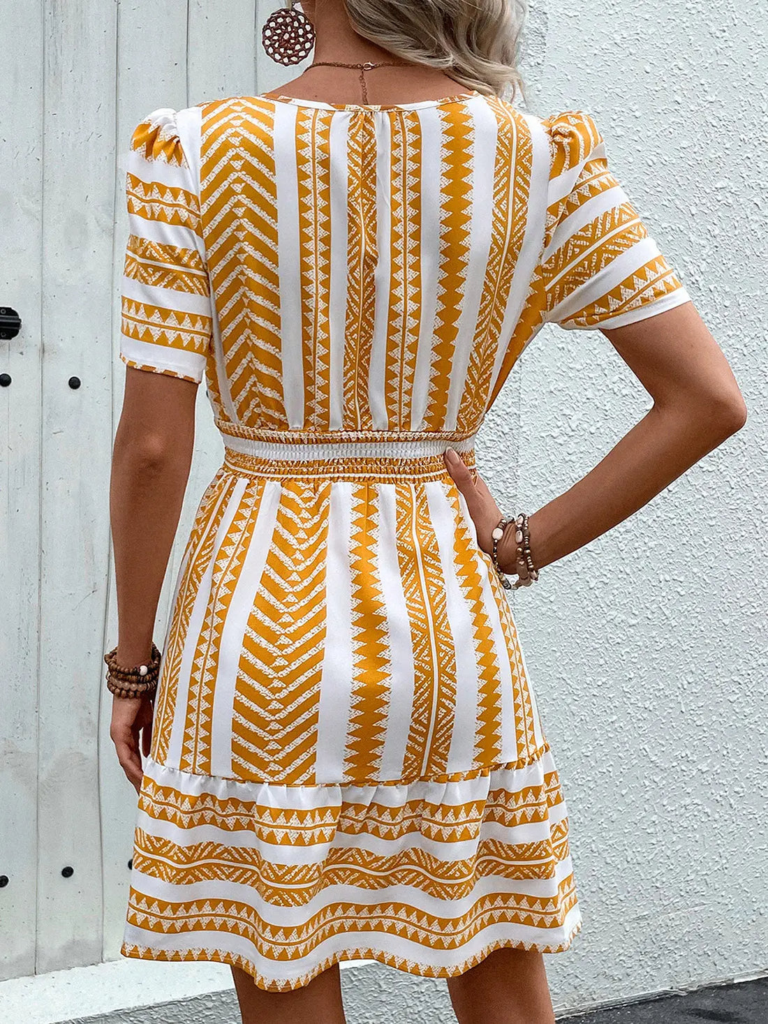 Geometric Notched Short Sleeve Mini Dress - Shuna Clothing  LLC