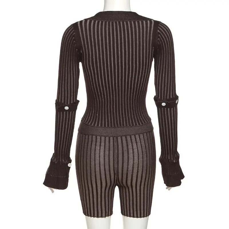 Long Sleeve Single Breasted Design T-shirt Striped Shorts Set shuna&