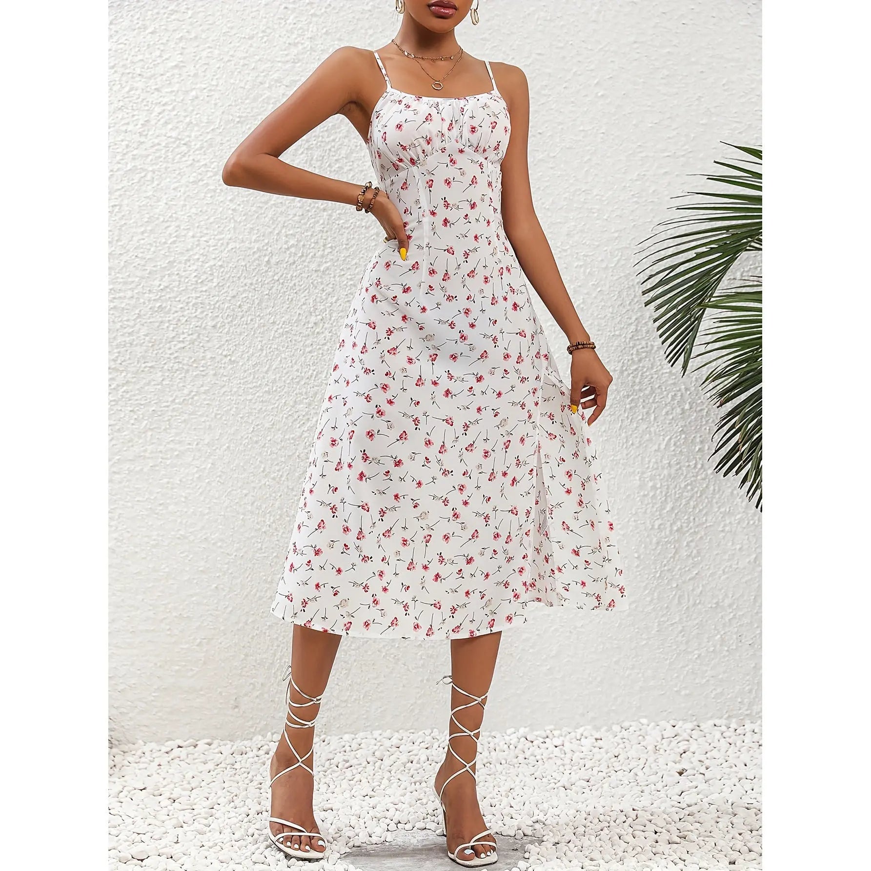 New Polka Dot Print Suspender Dress Summer Sexy Slit Long Dresses For Womens Clothing shuna&