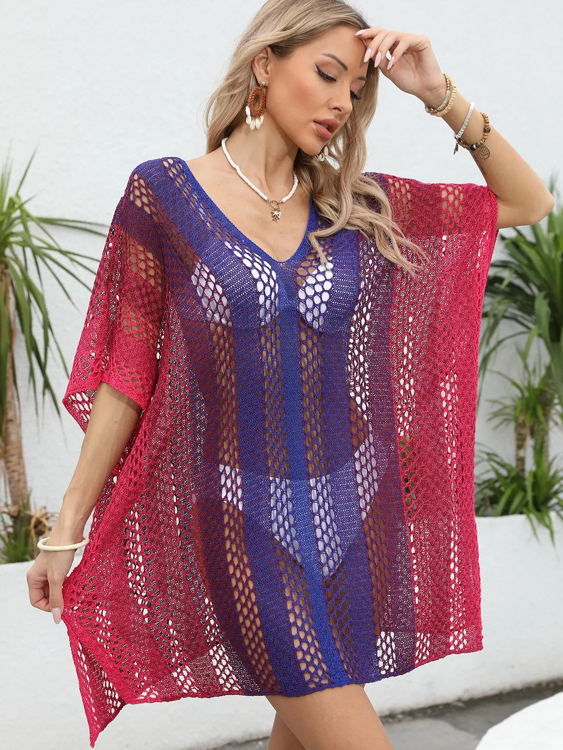 Openwork Contrast V-Neck Cover-Up Trendsi