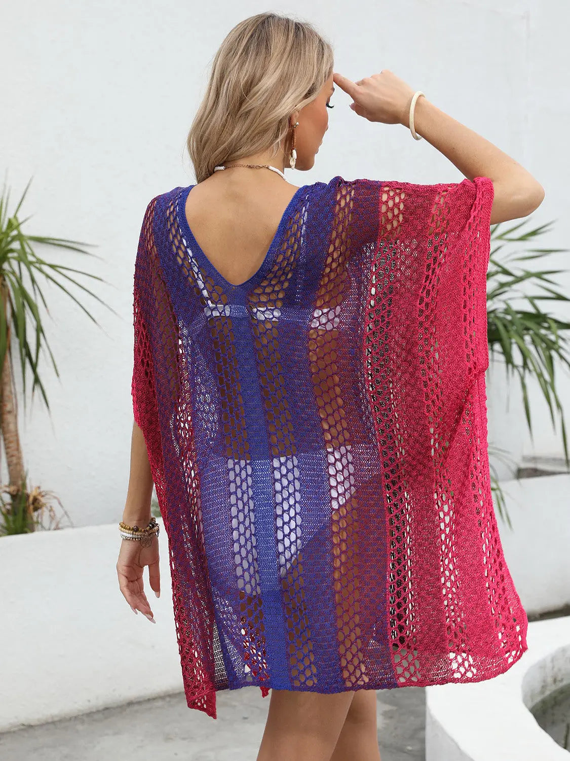 Openwork Contrast V-Neck Cover-Up Trendsi