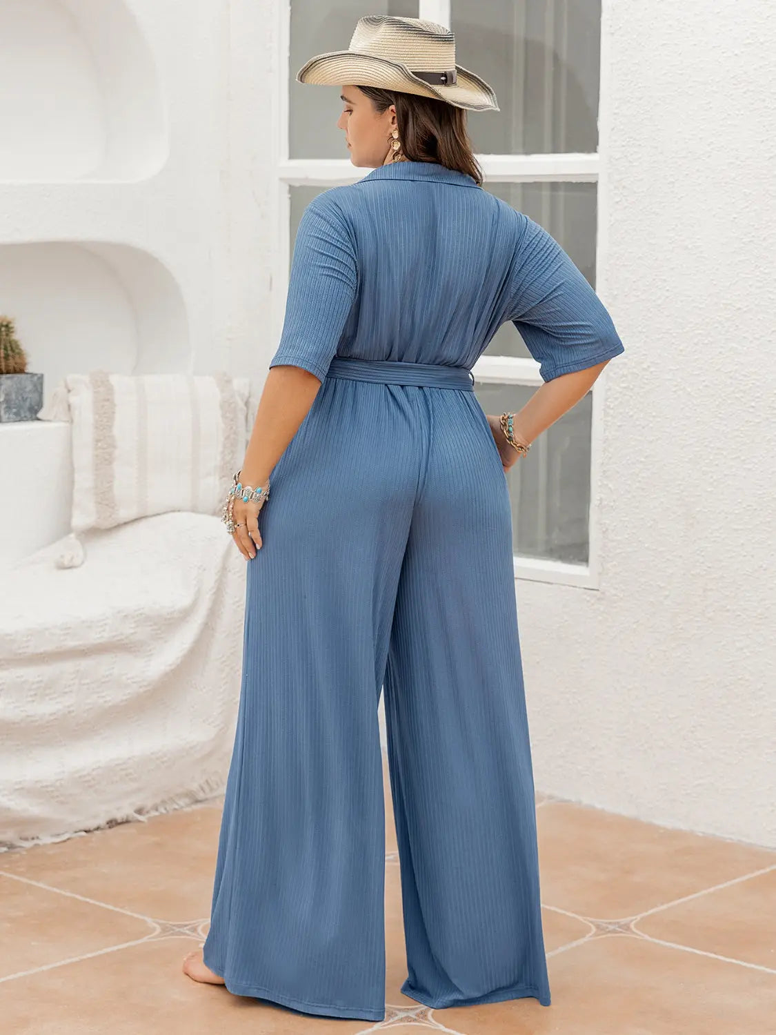 Plus Size Ribbed Half Button Tie-Waist Jumpsuit Trendsi