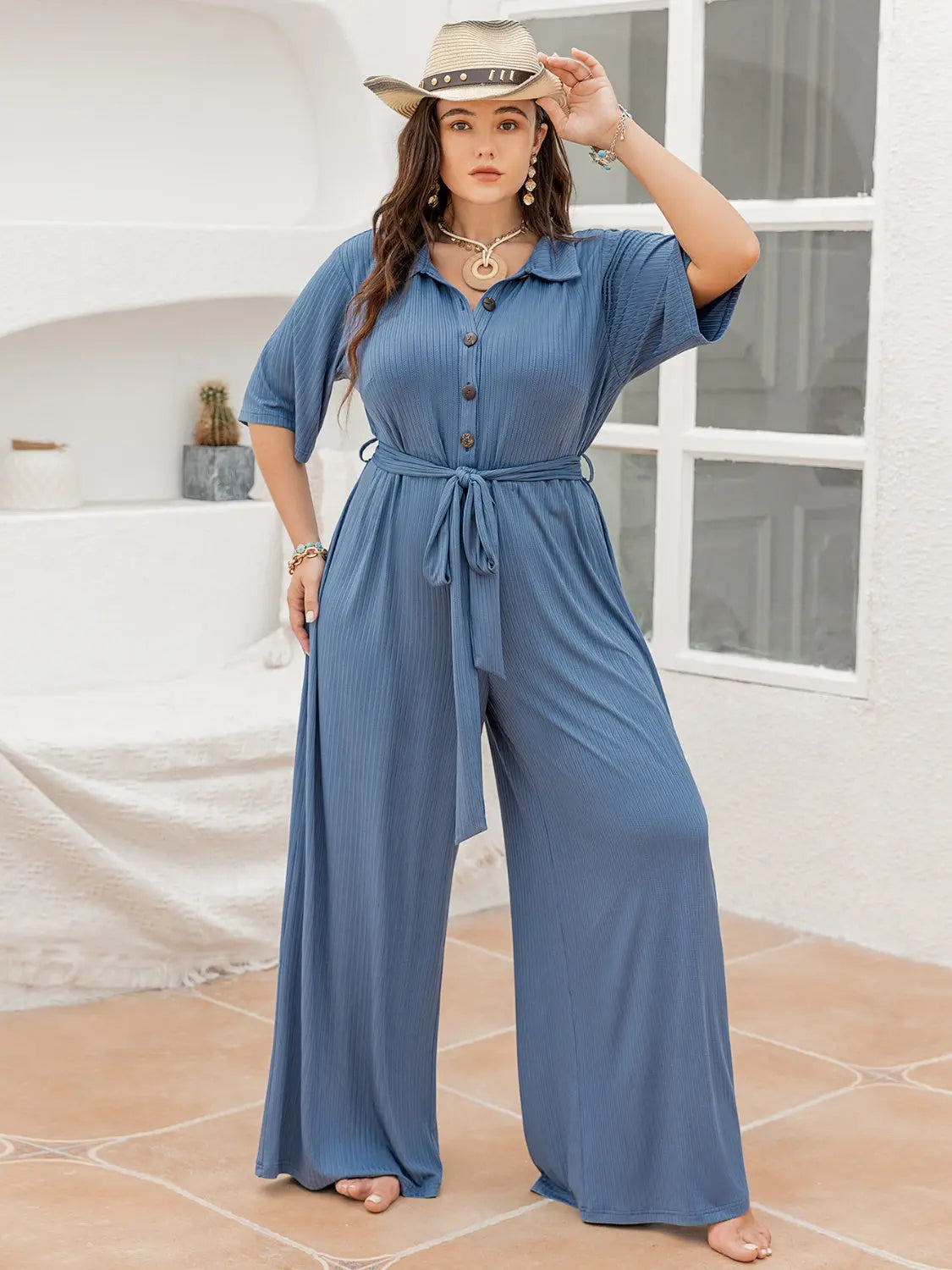 Plus Size Ribbed Half Button Tie-Waist Jumpsuit Trendsi