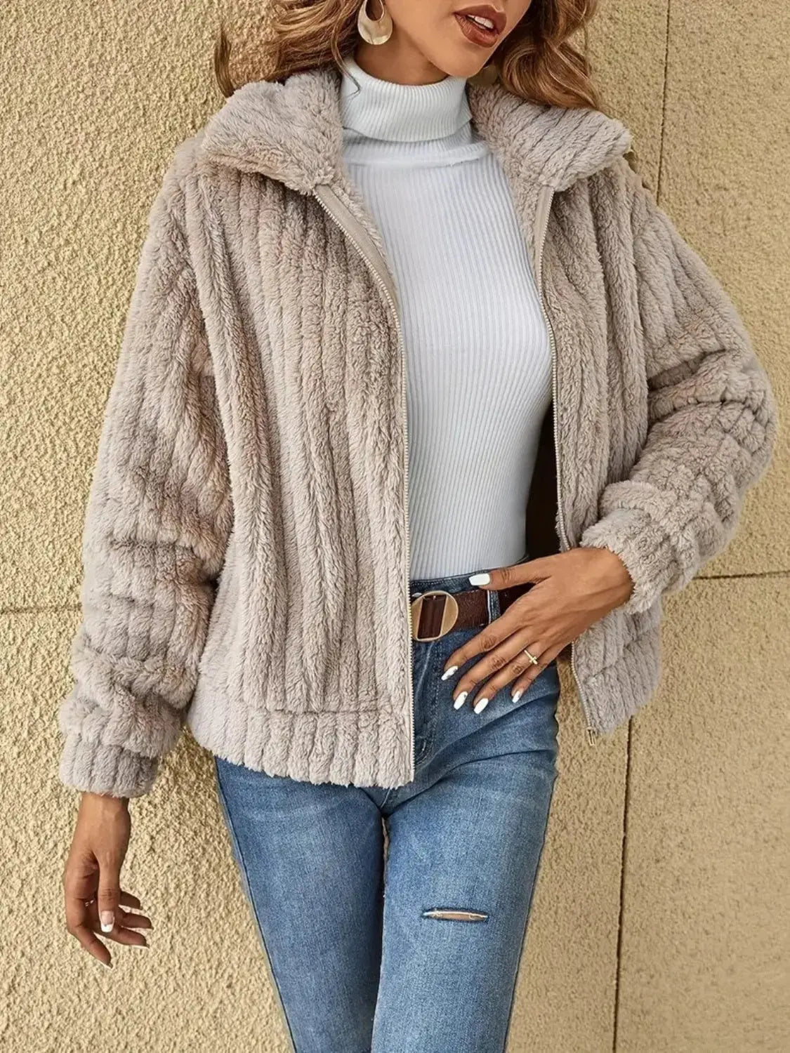 Plush Zip Up Long Sleeve Jacket Trendsi