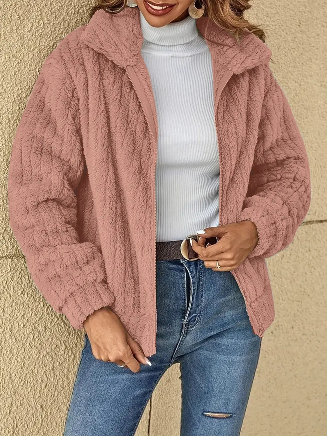 Plush Zip Up Long Sleeve Jacket Trendsi